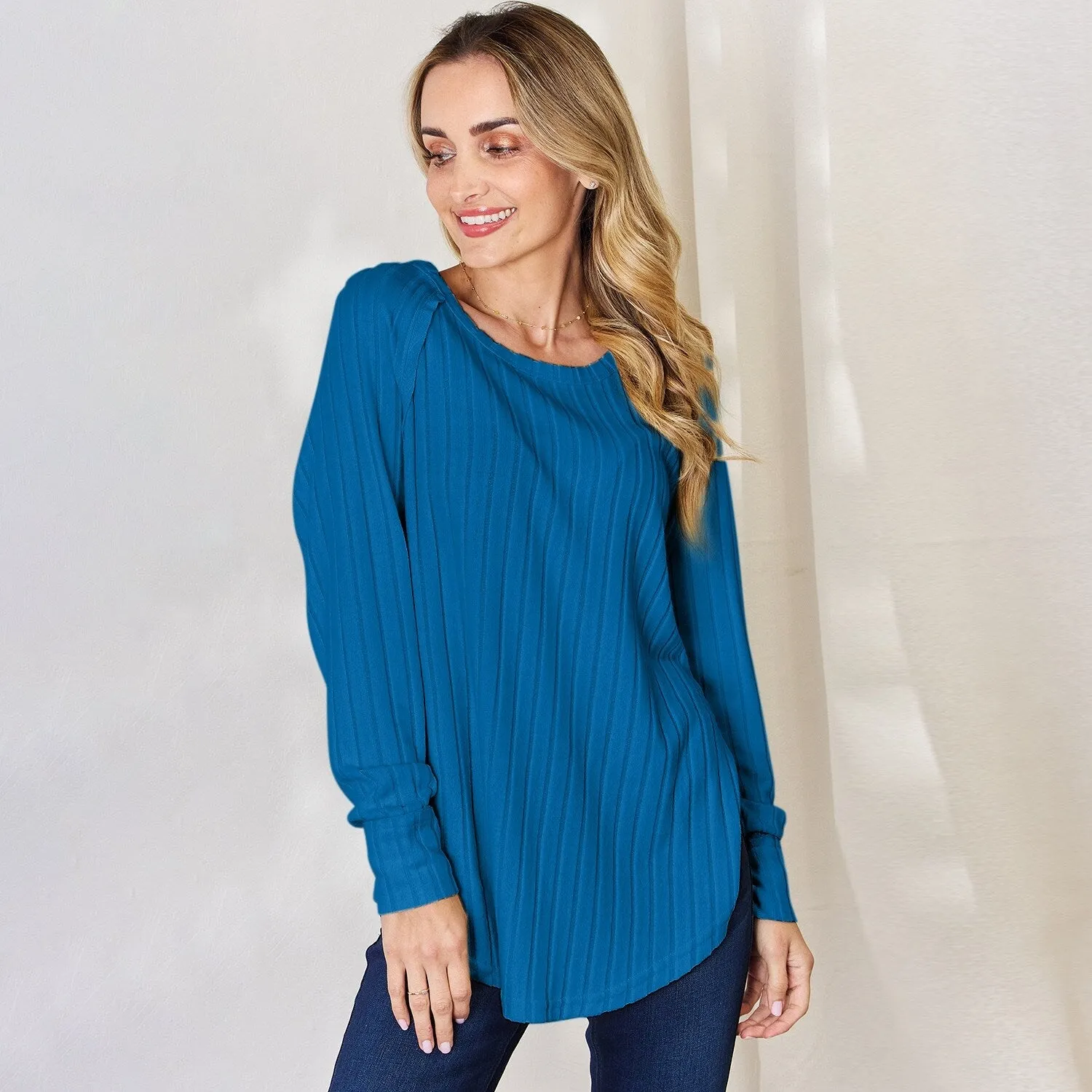 Sky Blue Ribbed Round Neck Slit T-Shirt sold by Zulily