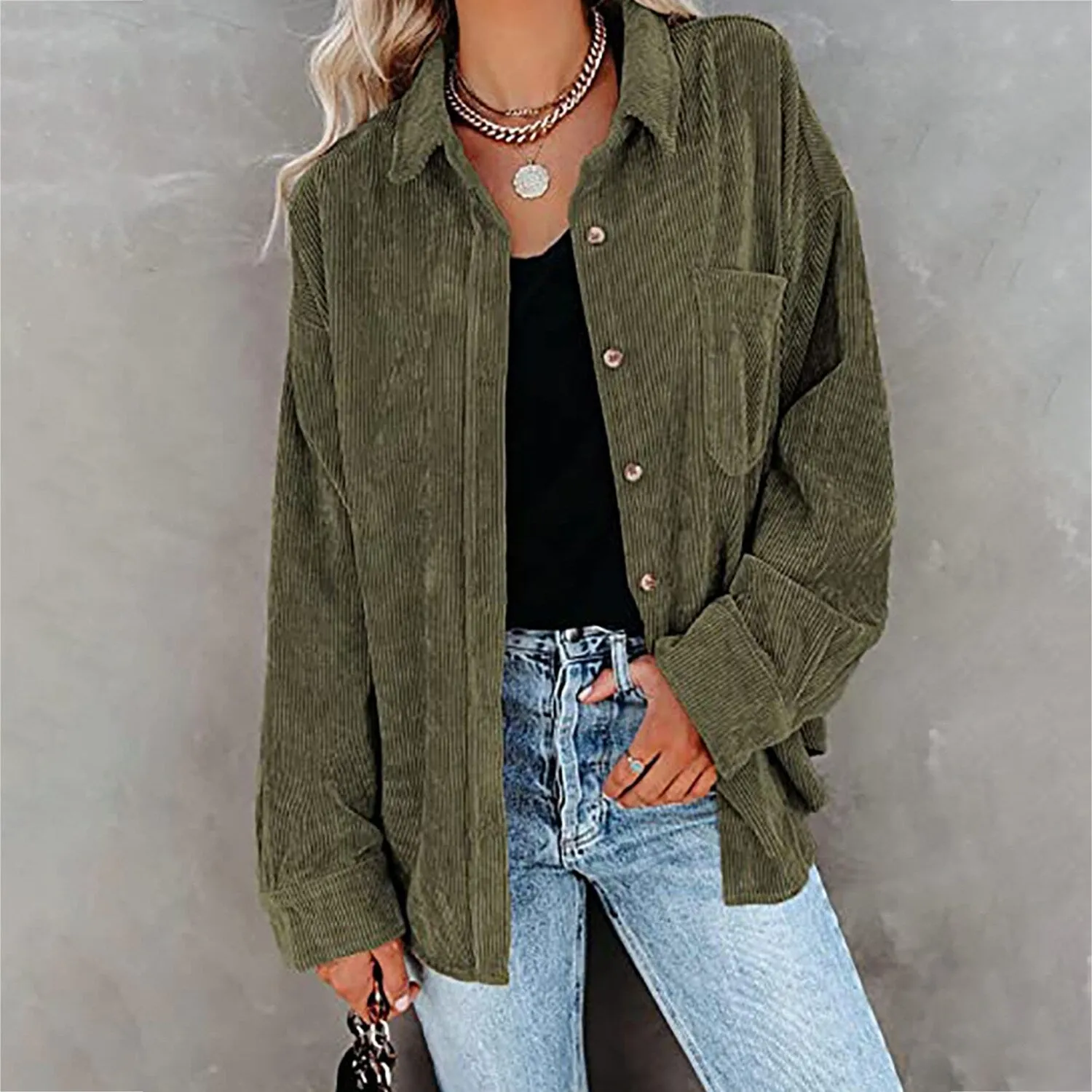 Army Green Pocket Corduroy Shirt sold by Zulily