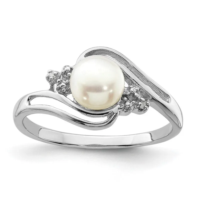 Curata 925 Sterling Silver Polished Rhodium 6mm Freshwater Cultured Button Pearl and Diamond Ring sold by Zulily