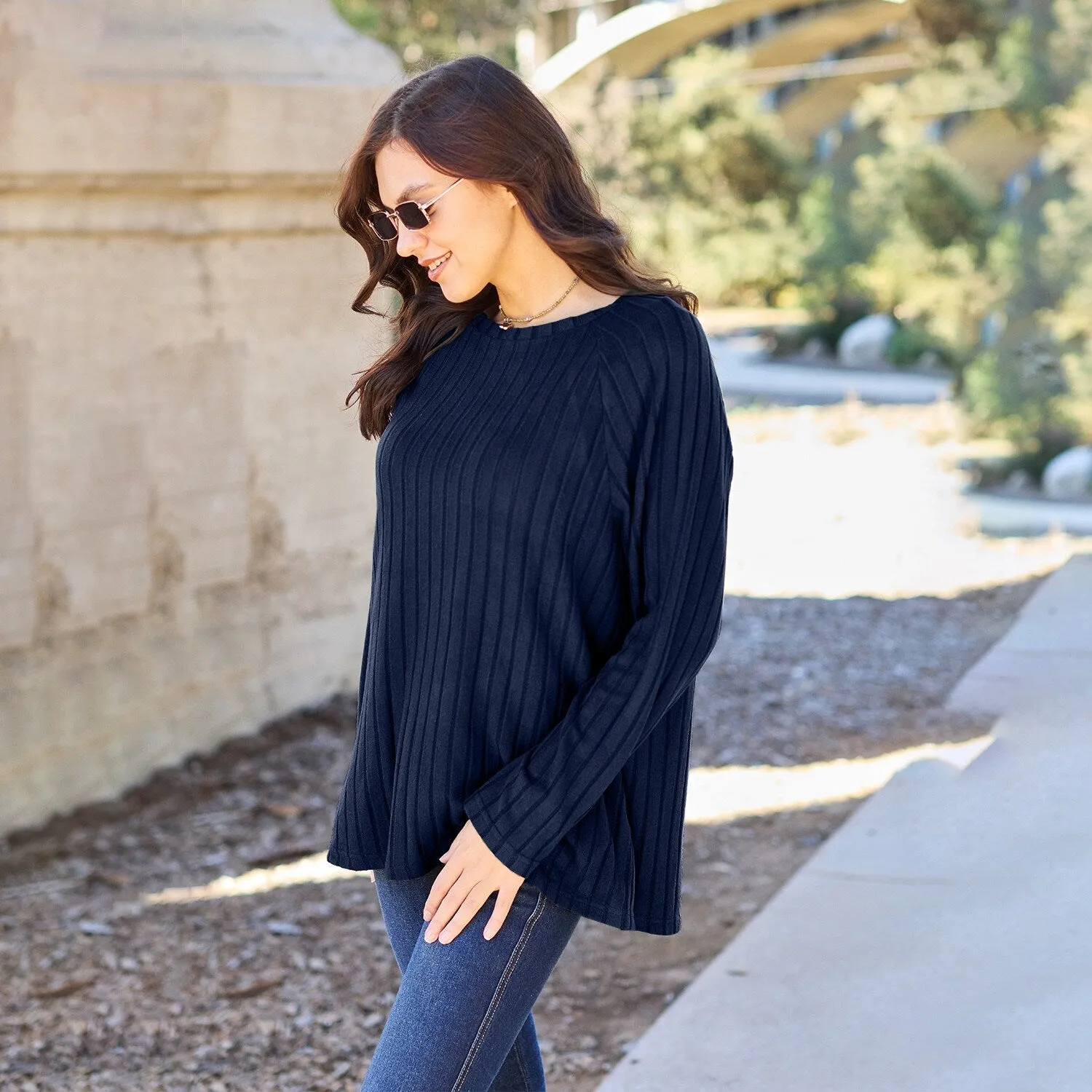 Dark Blue Ribbed Round Neck Long Sleeve Knit Top sold by Zulily product image thumbnail 2