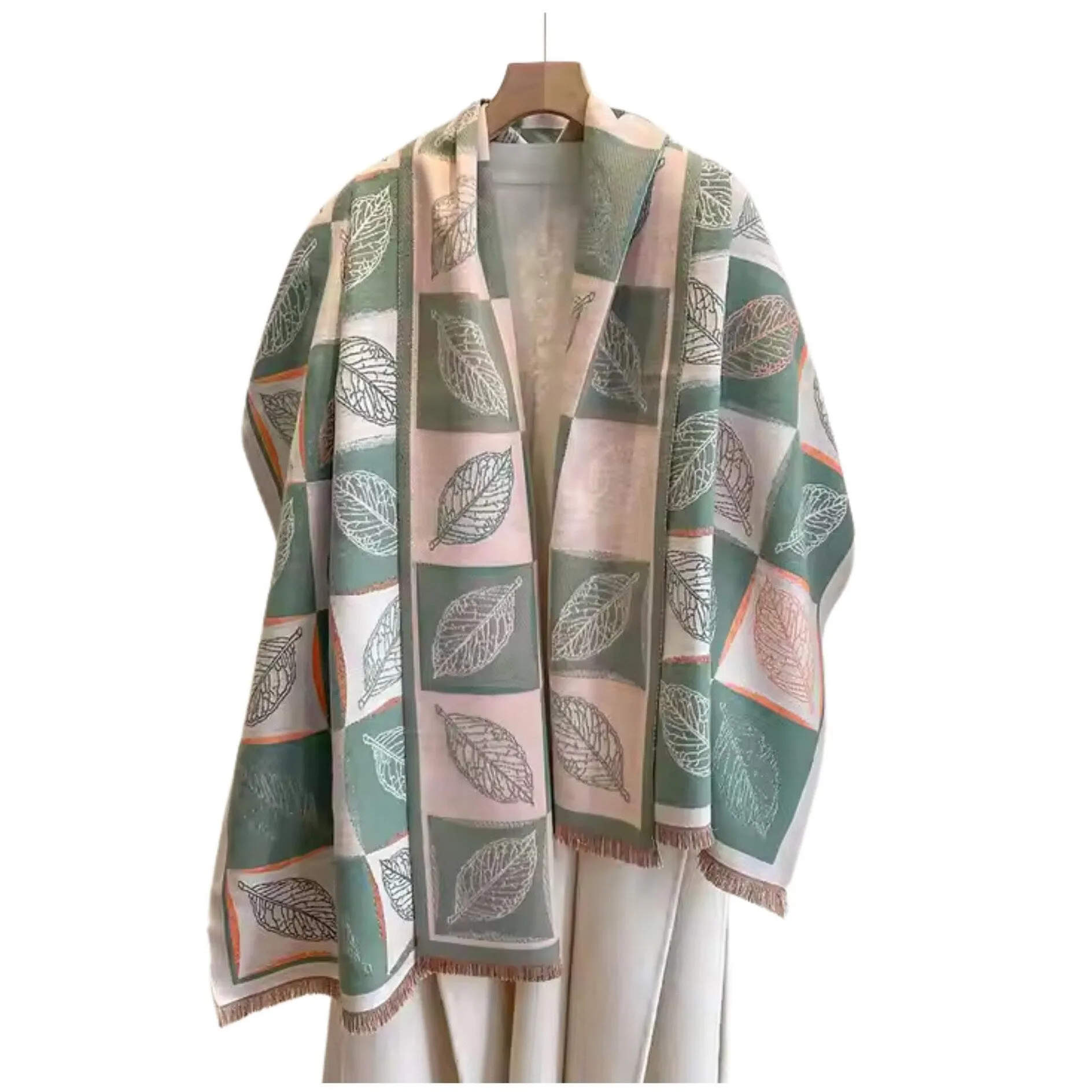 Green & Orange Leaves Patterned Fringe-Trimmed Scarf sold by Zulily product image thumbnail 2