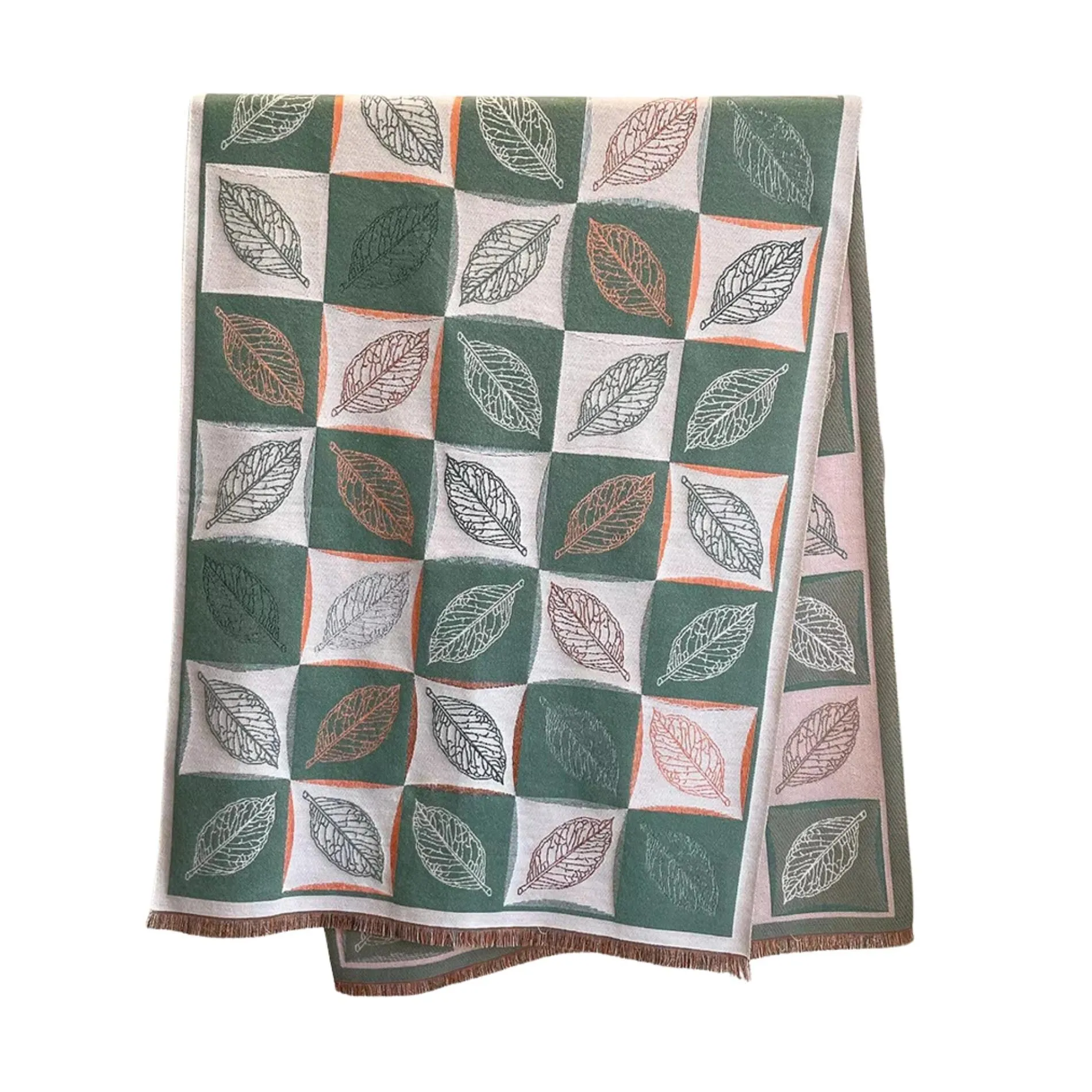 Green & Orange Leaves Patterned Fringe-Trimmed Scarf sold by Zulily product image thumbnail 3