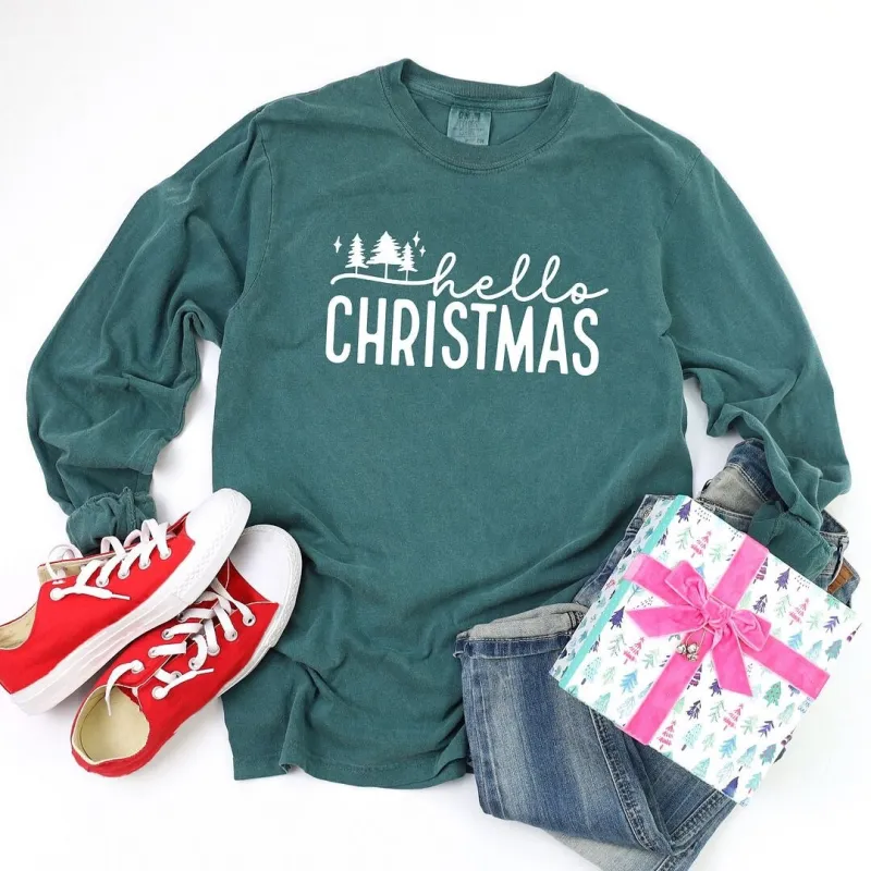 Hello Christmas Trees Garment Dyed Long Sleeve sold by Zulily