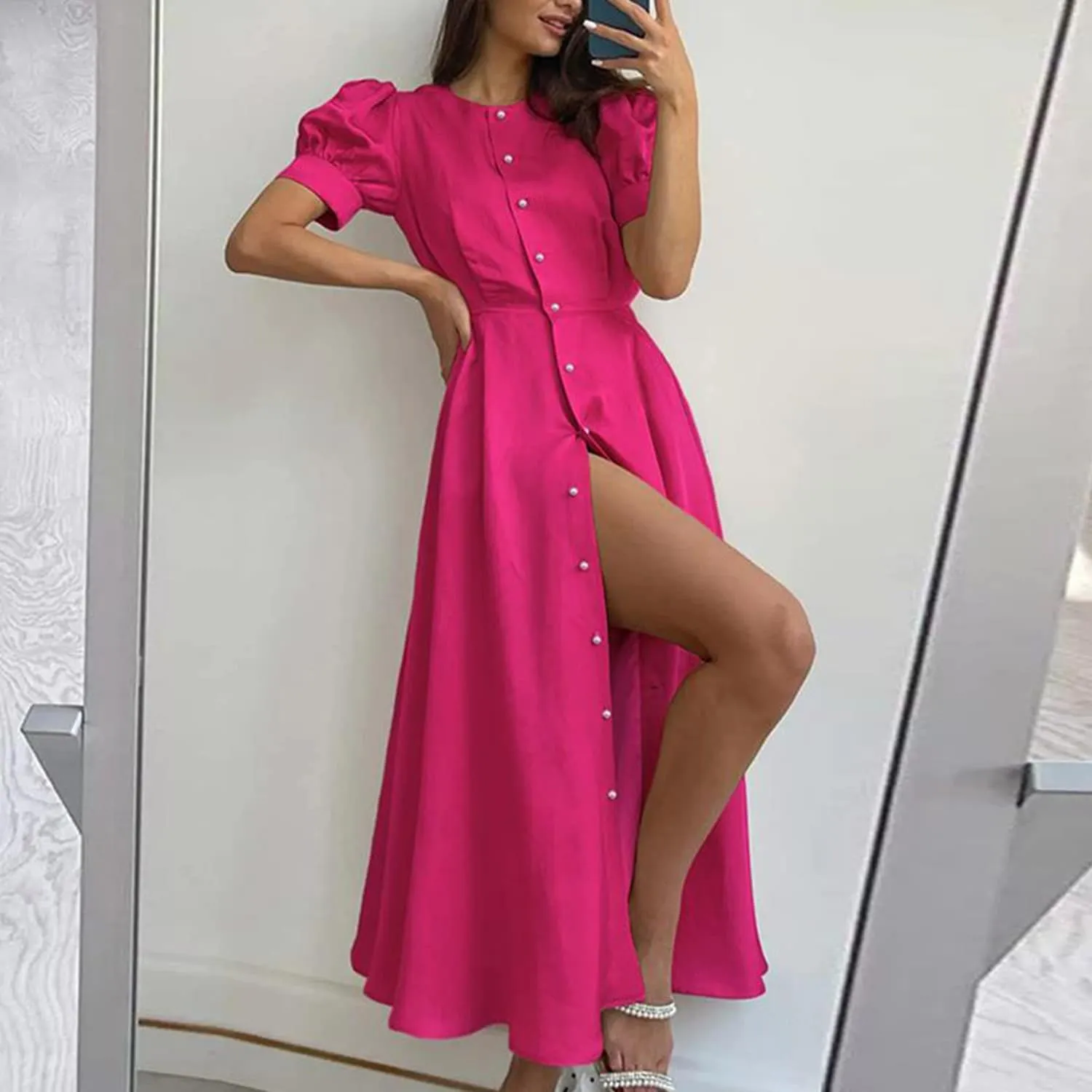 Pink Button Up Puff-Sleeve Dress sold by Zulily