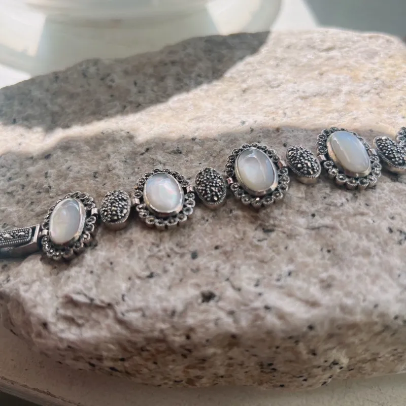 Marcasite & Sterling Silver Upright Oval Mother of Pearl Links Bracelet sold by Zulily