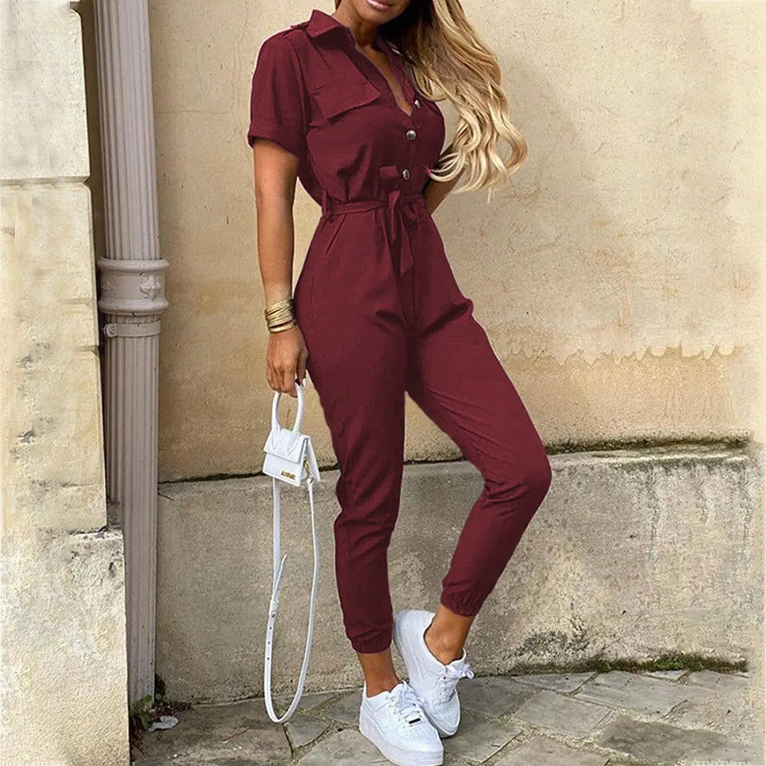 Burgundy Belted Cargo Jumpsuit sold by Zulily