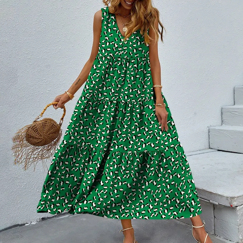 Green & White Leopard V-Neck Sleeveless Tiered Maxi Dress sold by Zulily
