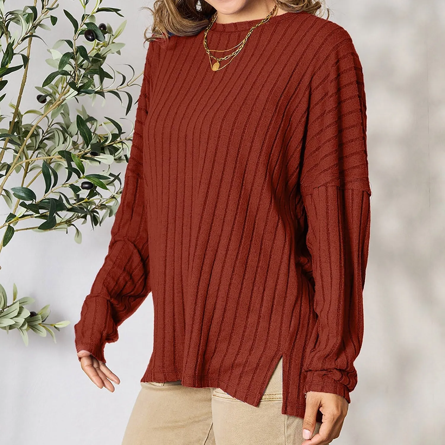 Rust Ribbed Round Neck Slit Knit Top sold by Zulily product image thumbnail 2