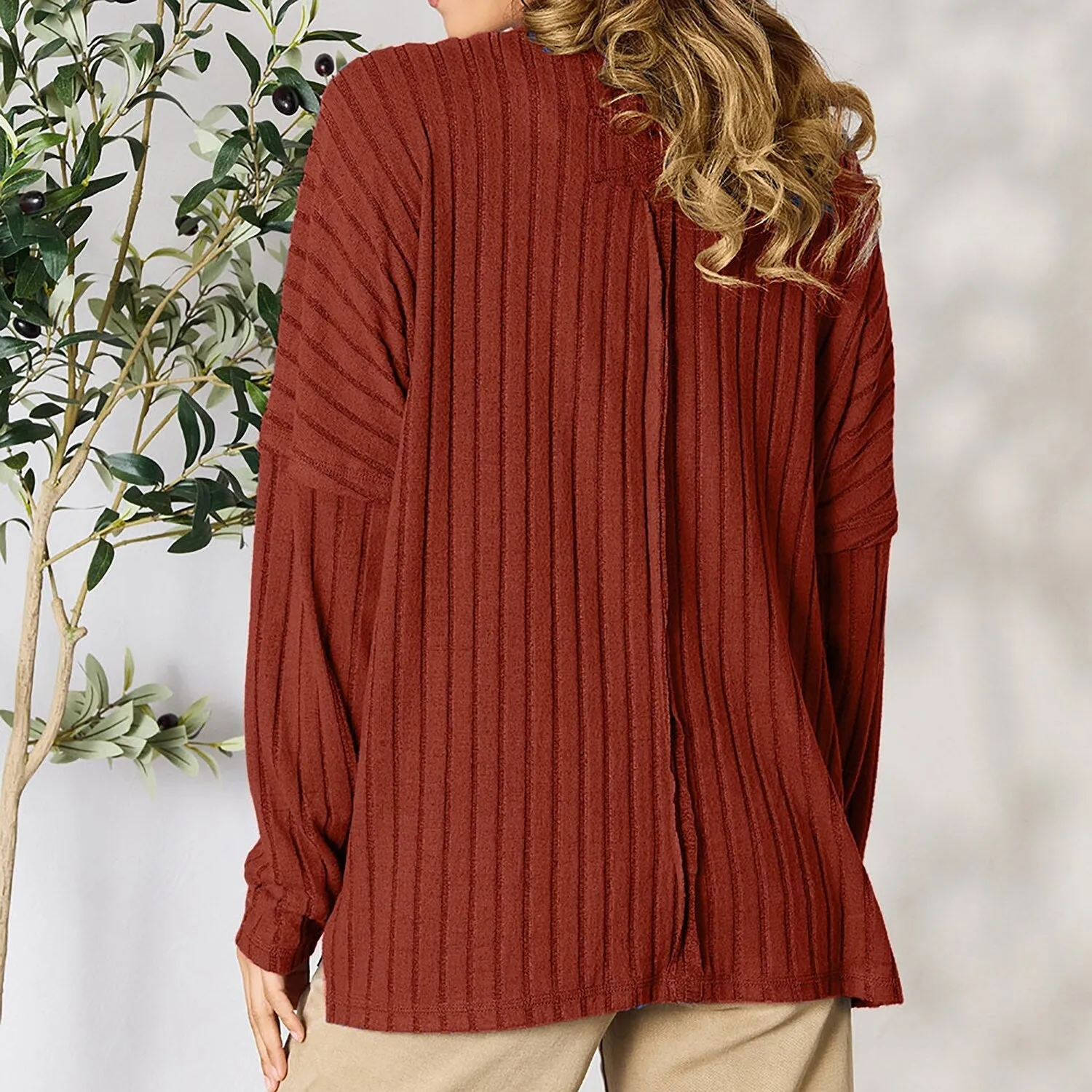 Rust Ribbed Round Neck Slit Knit Top sold by Zulily product image thumbnail 3