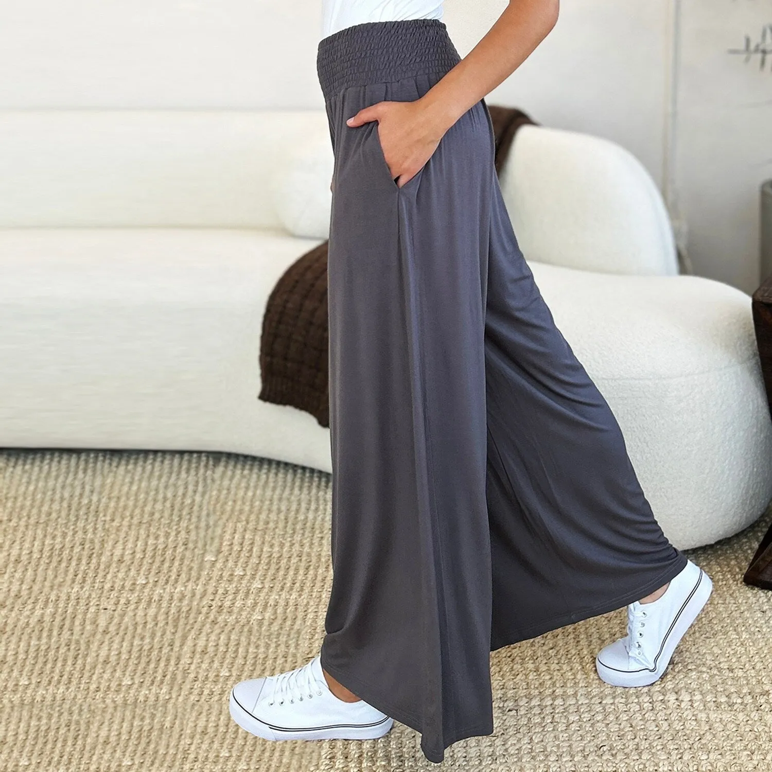 Dark Grey Smocked Wide Waistband Wide Leg Pants sold by Zulily product image thumbnail 2