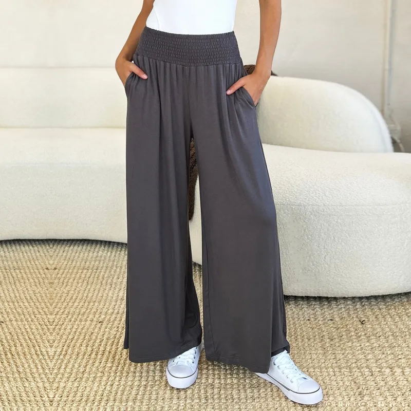 Dark Grey Smocked Wide Waistband Wide Leg Pants sold by Zulily
