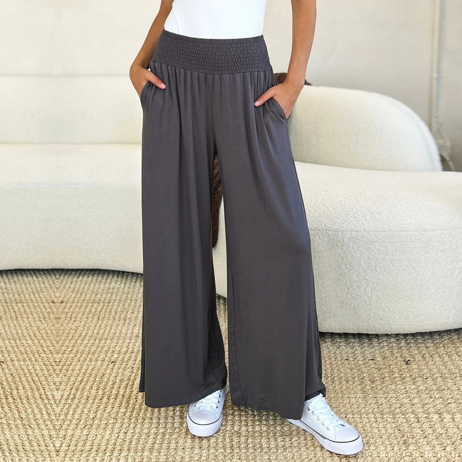 Dark Grey Smocked Wide Waistband Wide Leg Pants sold by Zulily