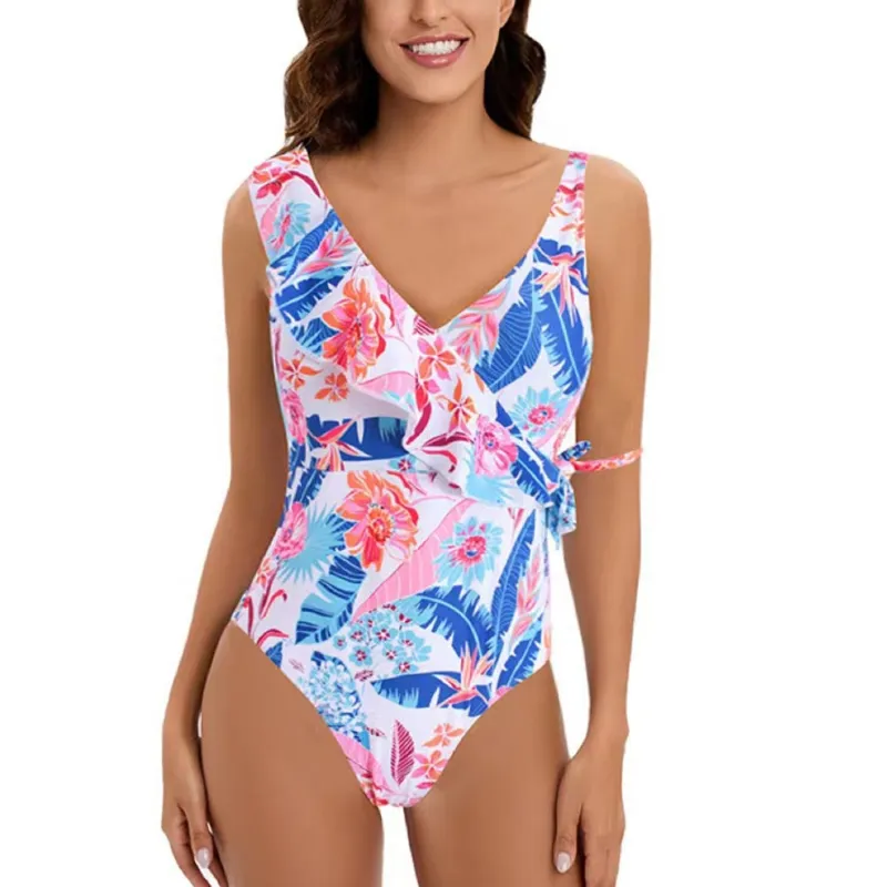 White Blue & Pink Floral Leaf Ruffled One-Piece Swimwear sold by Zulily