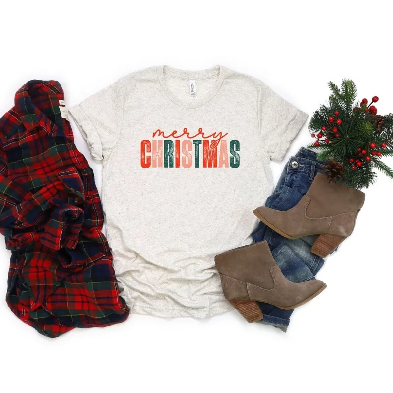 Distressed Merry Christmas Short Sleeve Crewnneck Tee sold by Zulily