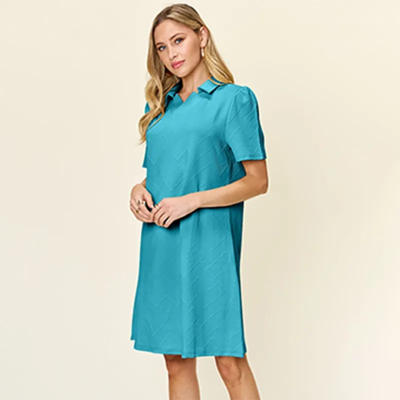 Pastel Blue Texture Collared Neck Short Sleeve Dress sold by Zulily