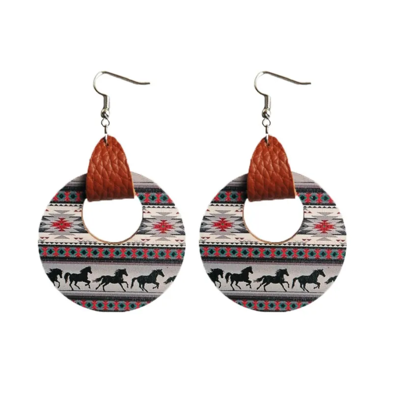 Faux Leather Strap Running Horses Patterned Circular Drop Earrings - Running Horses made by Zulily