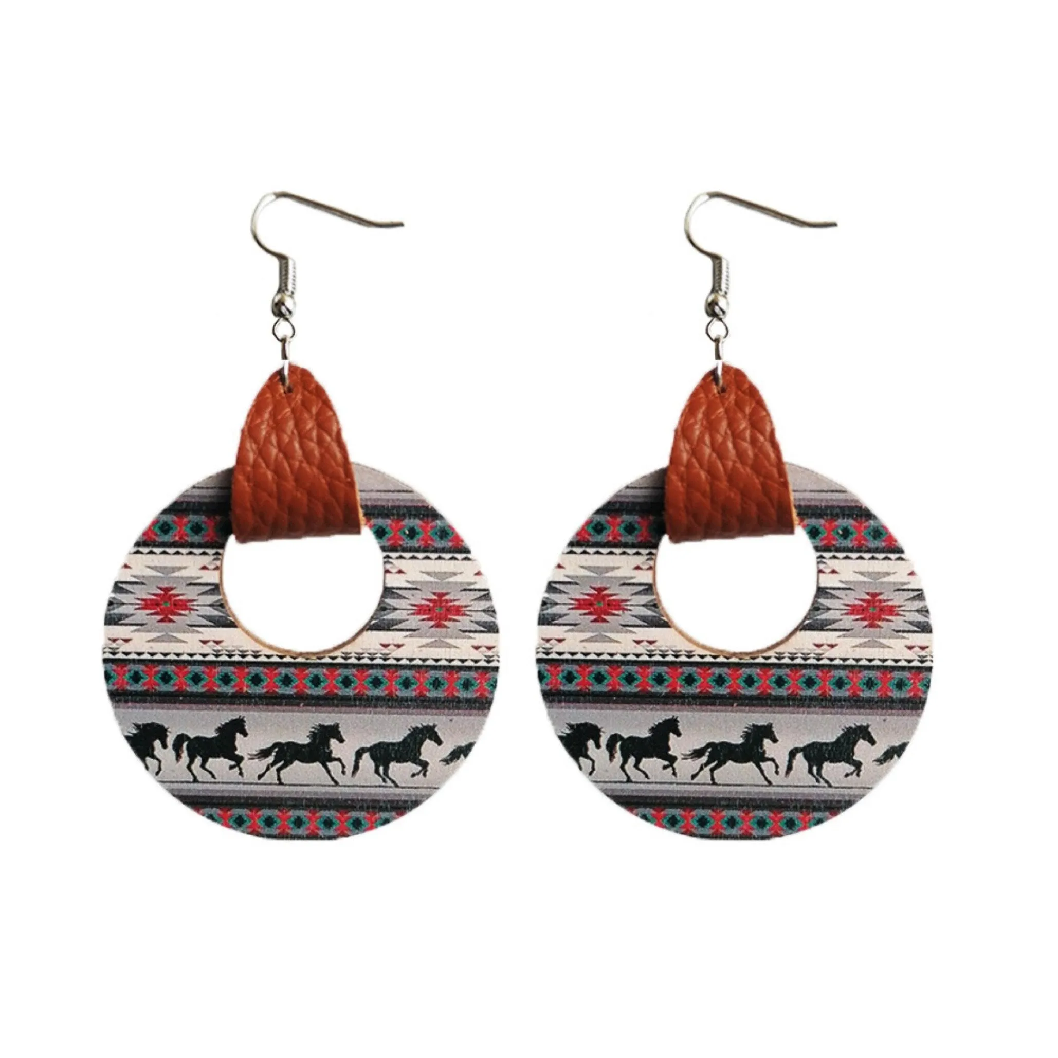 Faux Leather Strap Running Horses Patterned Circular Drop Earrings - Running Horses sold by Zulily