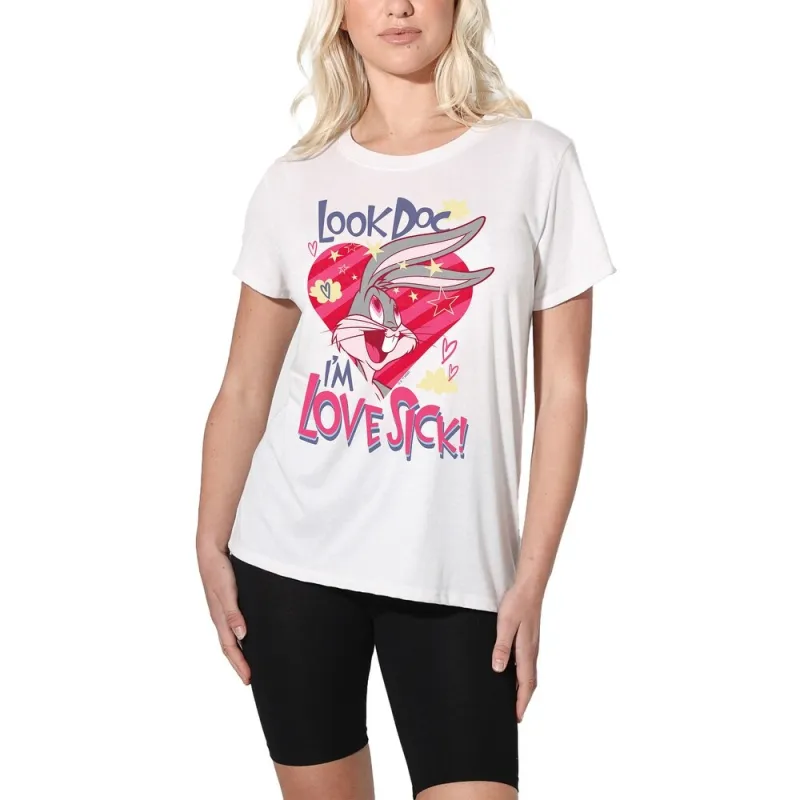 Looney Tunes Valentine's Day Bugs Bunnny Love Sick Women's Loose T Shirt, White sold by Zulily