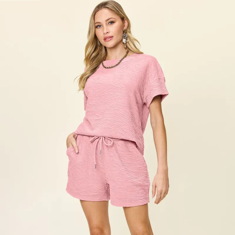 Dusty Pink Texture Short Sleeve T-Shirt & Drawstring Shorts Set sold by Zulily