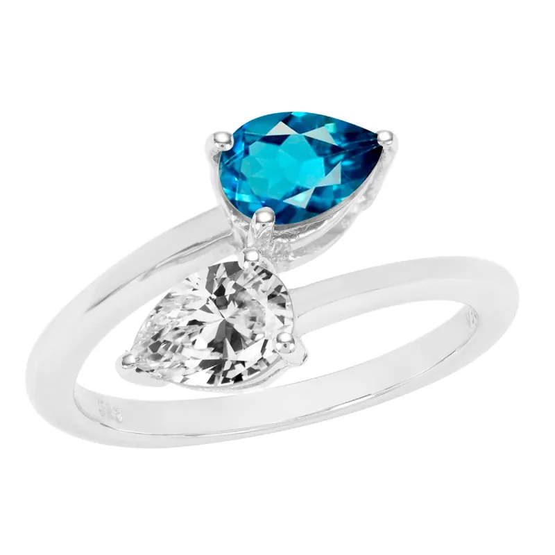 V3 Jewelry 925 Sterling Silver Pear Shape Natural London Blue Topaz and White Topaz Bypass Ring for Women sold by Zulily