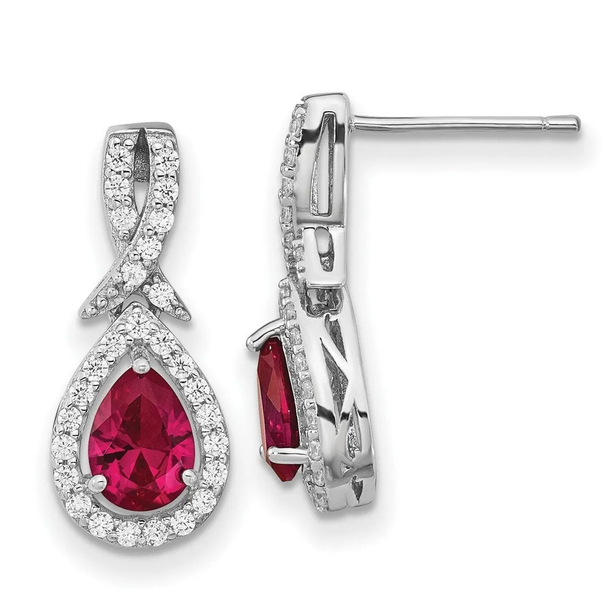 Curata Sterling Silver Rhodium Plated Created Ruby Brilliant cut White CZ Teardrop Earrings sold by Zulily