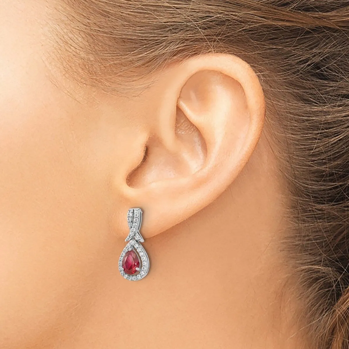 Curata Sterling Silver Rhodium Plated Created Ruby Brilliant cut White CZ Teardrop Earrings sold by Zulily product image thumbnail 2