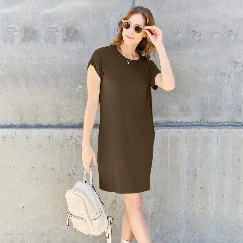 Mocha Round Neck Short Sleeve Dress sold by Zulily