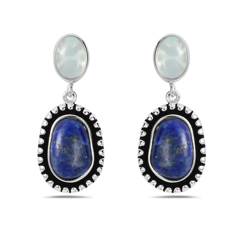 Sterling Silver Earring Oval Blue Agate Lapis Lazuli Oval Oxlidized Drop sold by Zulily
