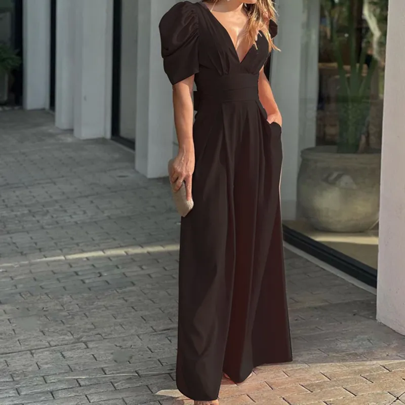 Black Puff-Sleeve V-Neck Jumpsuit sold by Zulily