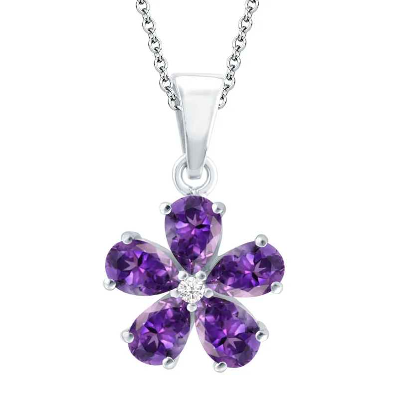 Sterling Silver with Natural Amethyst and White Topaz Flower Pendant with 18'' Chain sold by Zulily