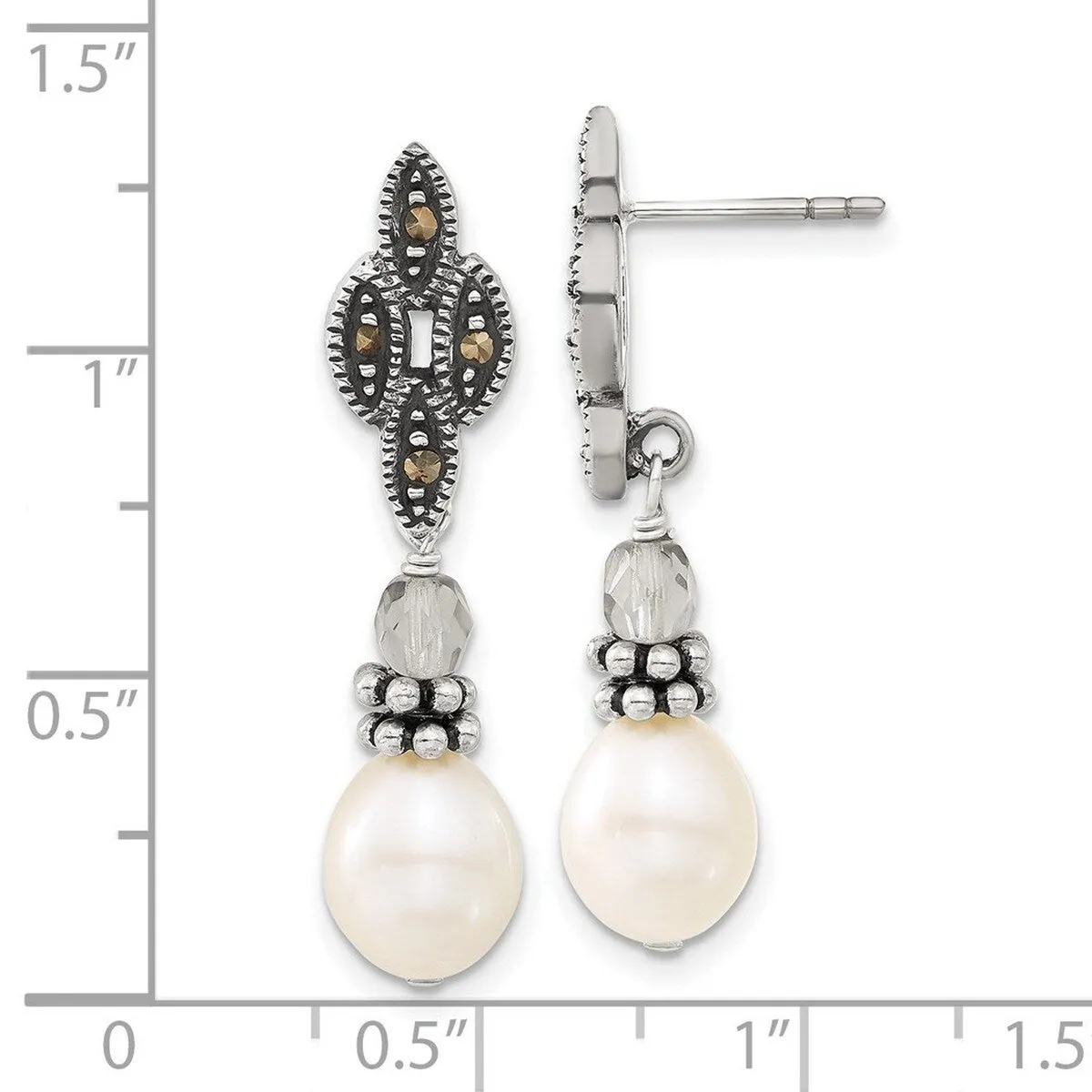 Curata 925 Sterling Silver Dangle Artisan Oxidized Glass Bead With Freshwater Cultured Pearl Post Drop Earrings - 36x10m sold by Zulily product image thumbnail 3
