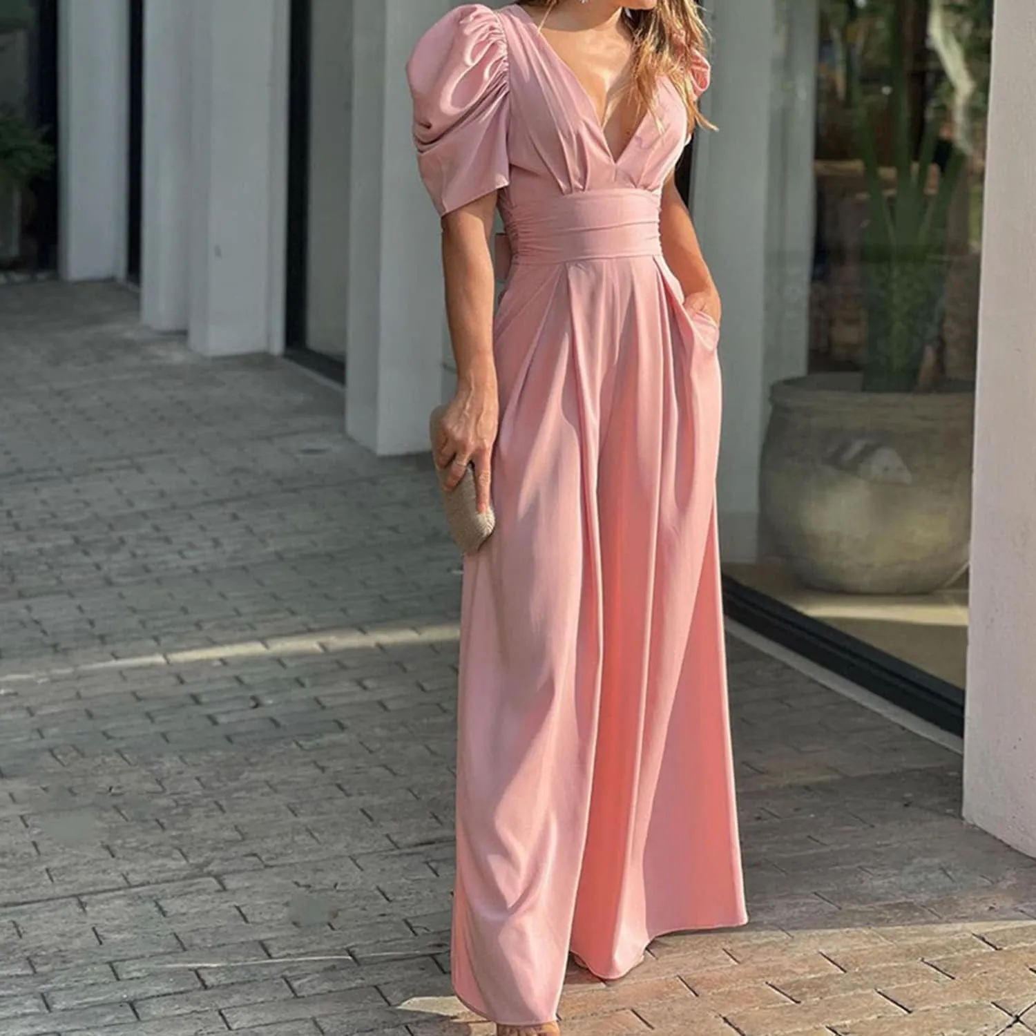 Light Pink Puff-Sleeve V-Neck Jumpsuit sold by Zulily
