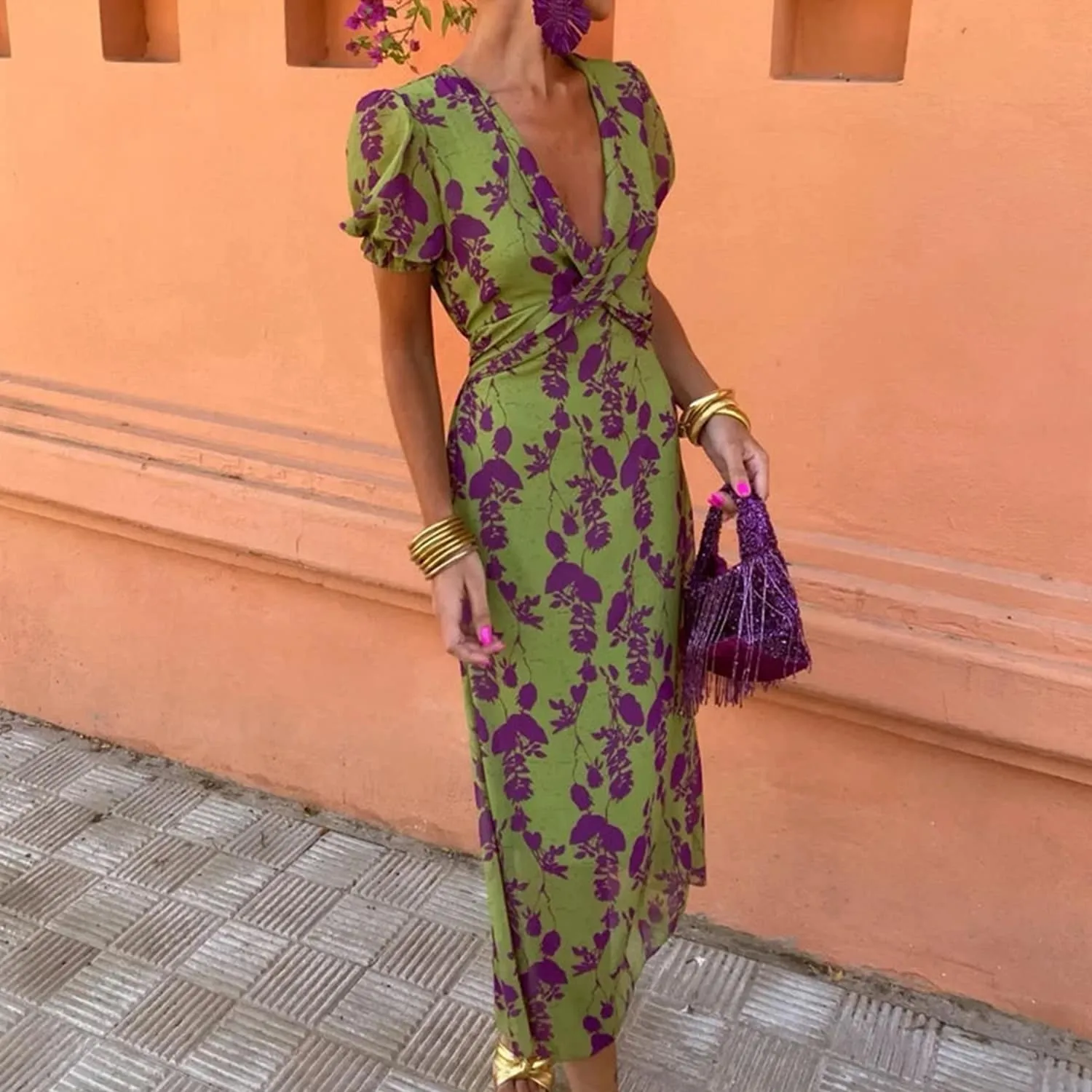 Green Floral V-Neck Puff-Sleeve Dress sold by Zulily product image thumbnail 4