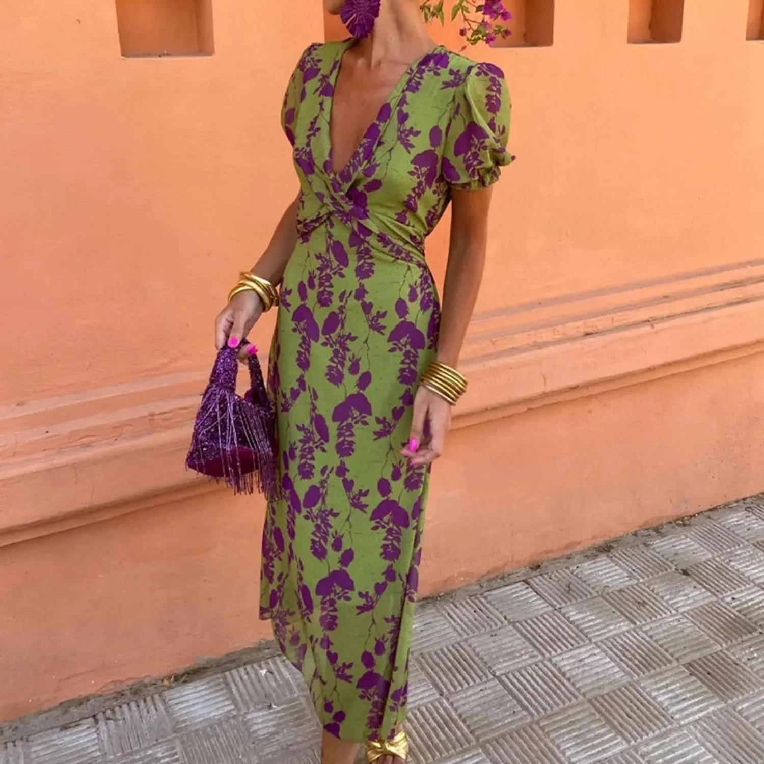 Green Floral V-Neck Puff-Sleeve Dress sold by Zulily product image thumbnail 3