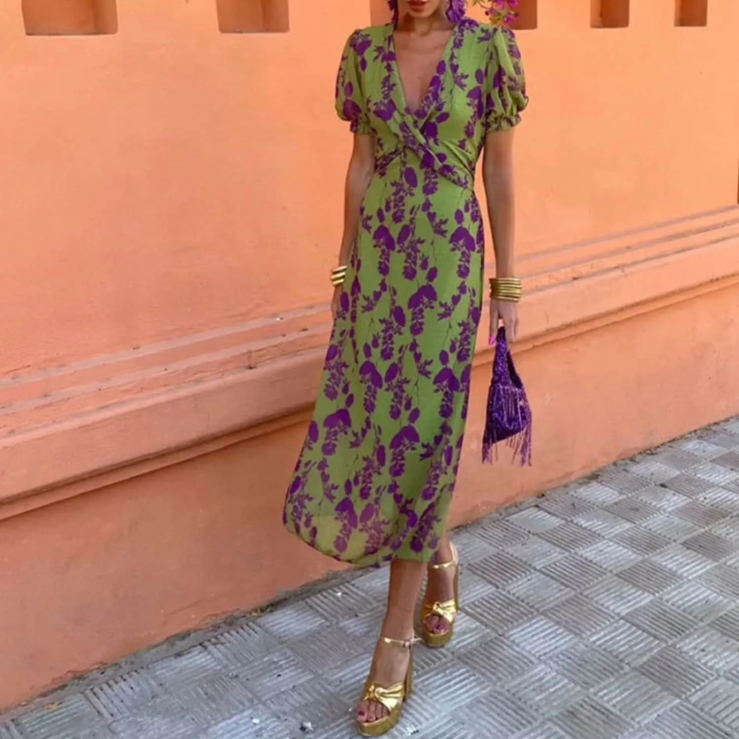 Green Floral V-Neck Puff-Sleeve Dress sold by Zulily product image thumbnail 2