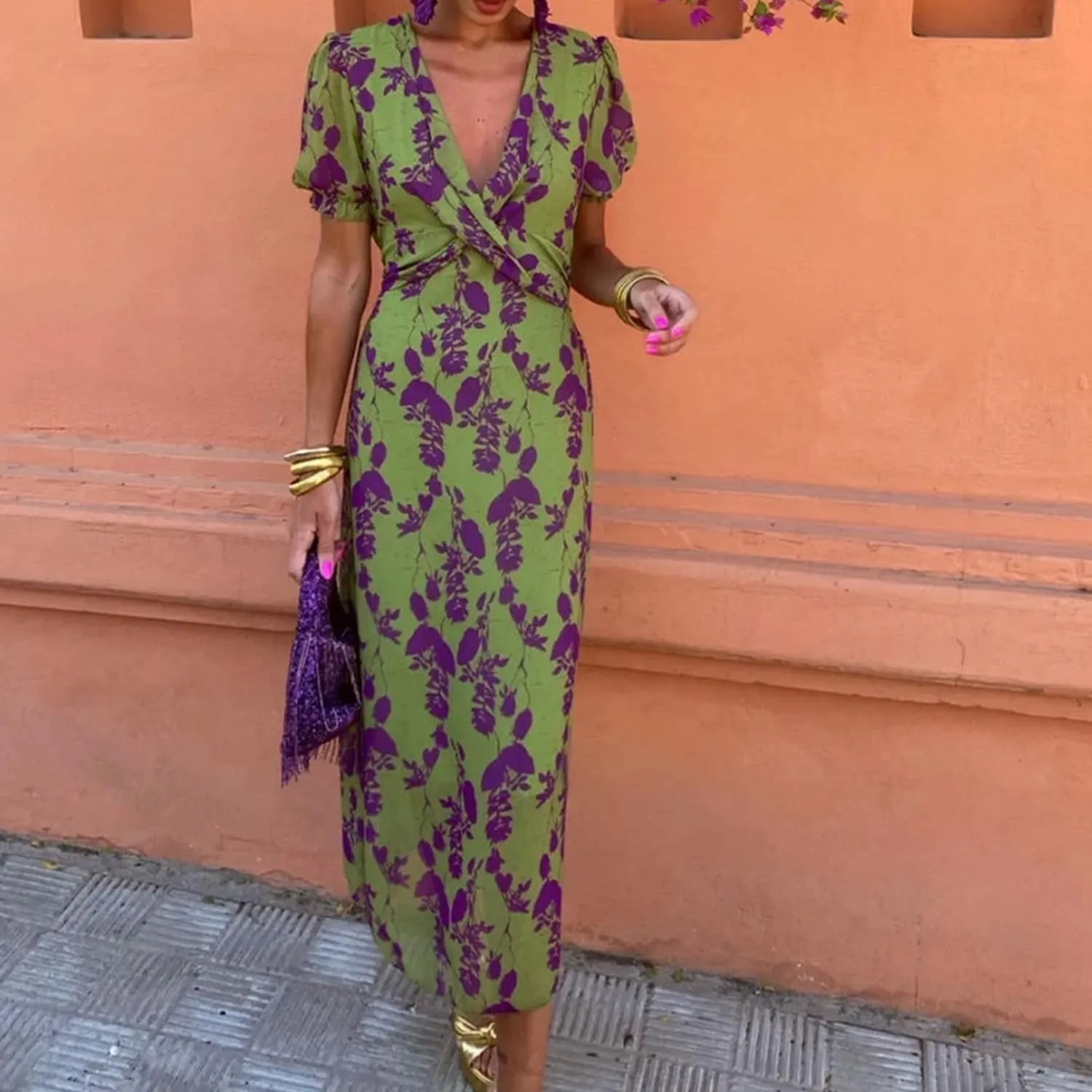 Green Floral V-Neck Puff-Sleeve Dress sold by Zulily