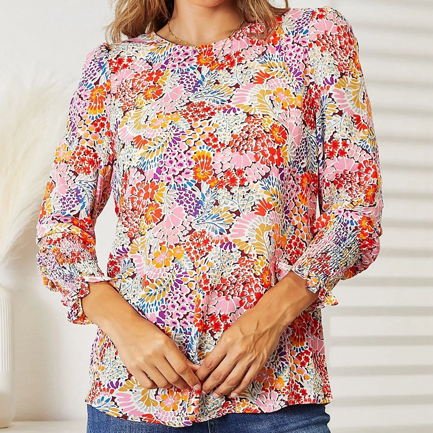 Multi Color Floral Print Long Puff Sleeve Blouse sold by Zulily