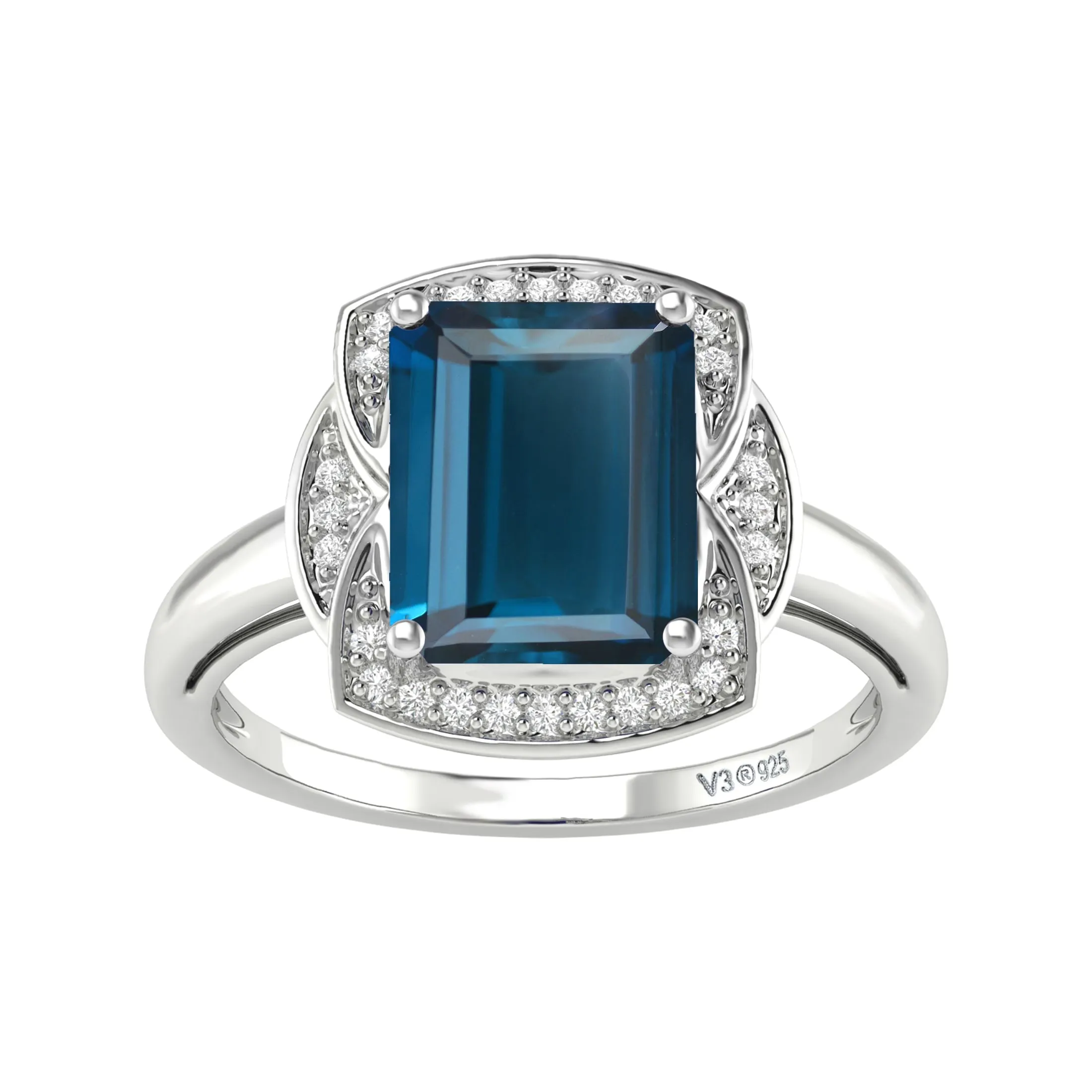 V3 Jewelry 925 Sterling Silver with Natural London Blue Topaz and White Topaz Halo Ring sold by Zulily