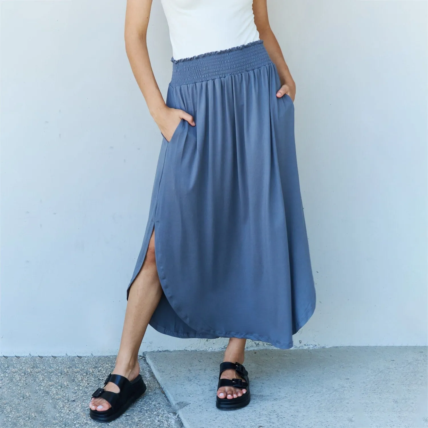 Dusty Blue High Waist Scoop Hem Maxi Skirt sold by Zulily