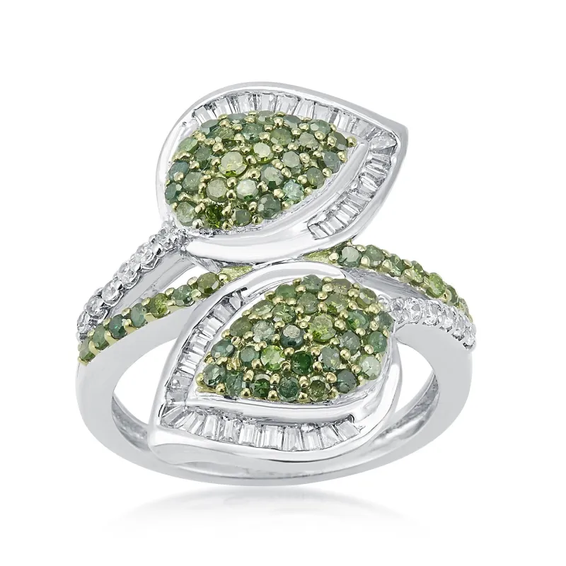 Sterling Silver 1.00 CTTW Natural Green and White Diamond Leaf Bypass Ring sold by Zulily