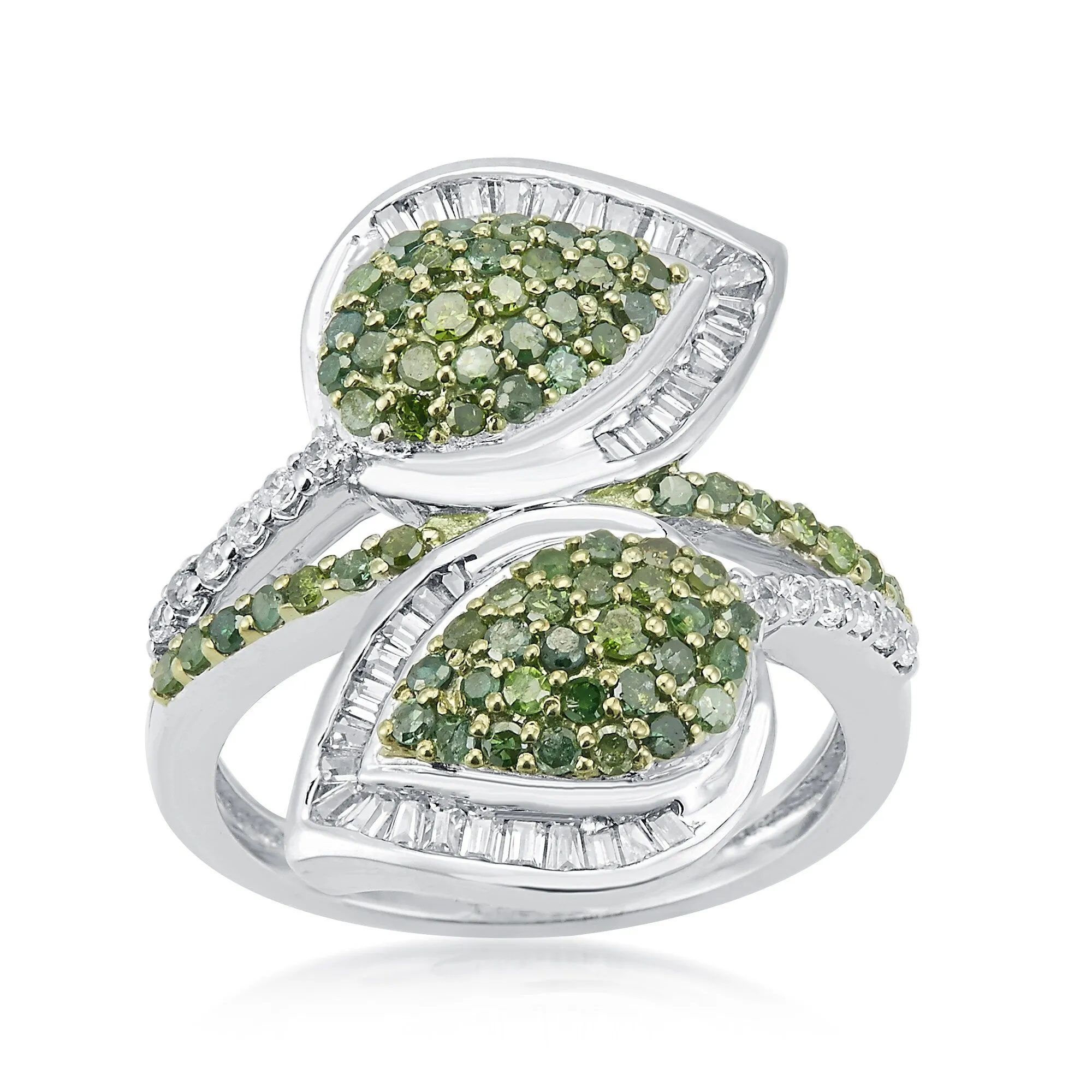 Sterling Silver 1.00 CTTW Natural Green and White Diamond Leaf Bypass Ring sold by Zulily