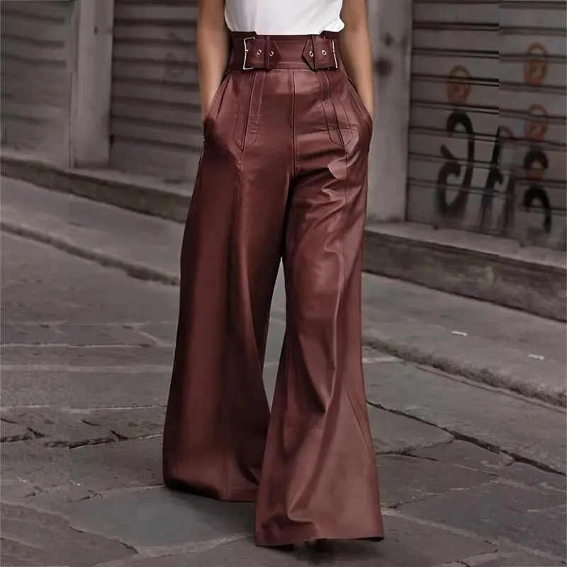 Burgundy High-Waisted Leather Wide-Leg Pants sold by Zulily