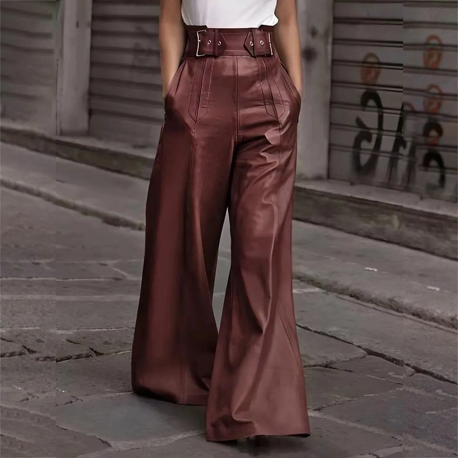 Burgundy High-Waisted Leather Wide-Leg Pants sold by Zulily