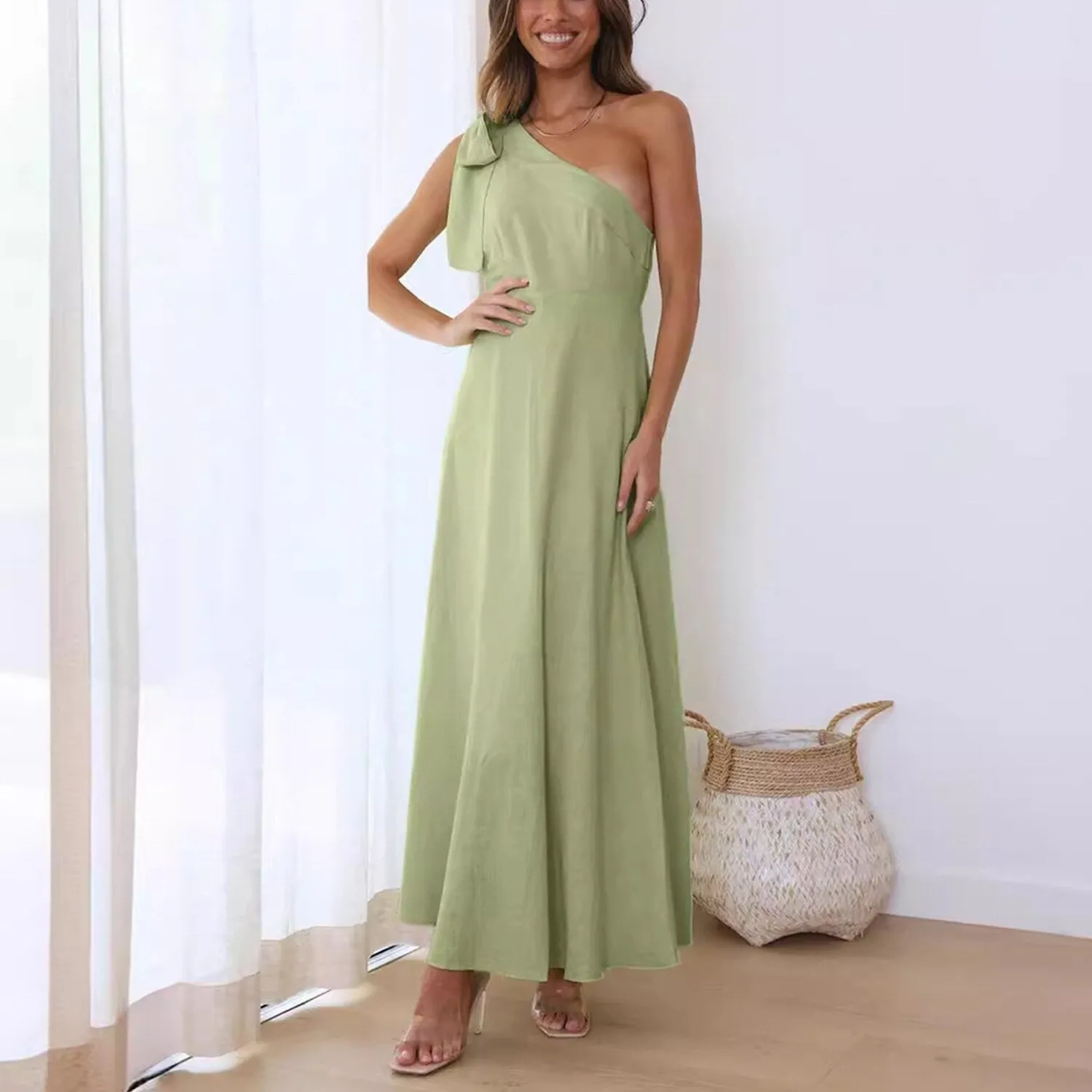 Green Tie-Bow One-Shoulder Dress sold by Zulily