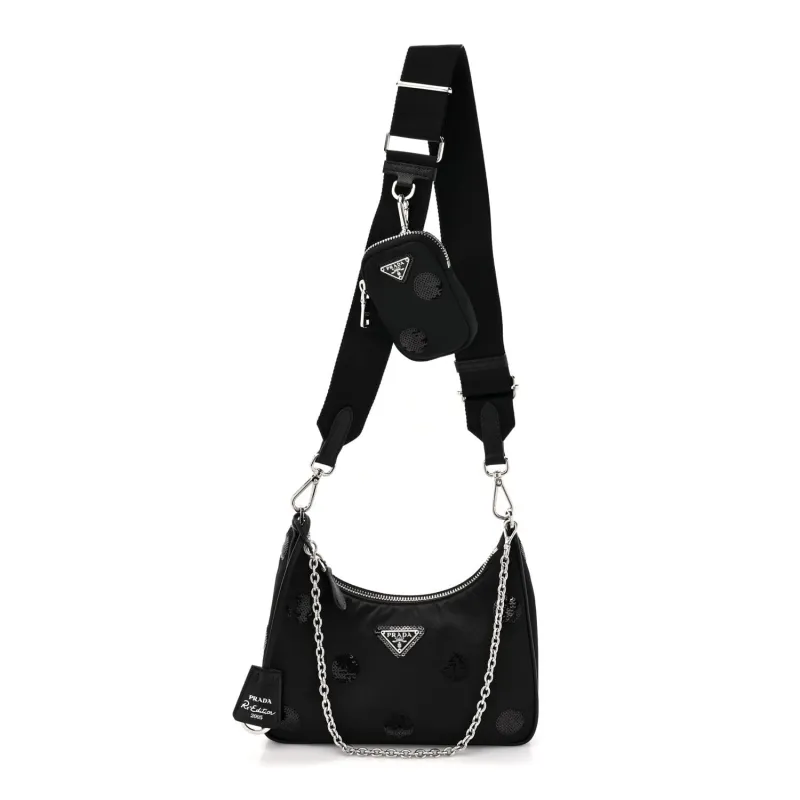 Prada Nylon Sequin Embellished Polka Dot Re-Edition 2005 Shoulder Bag Black (Pre-Ow sold by Zulily