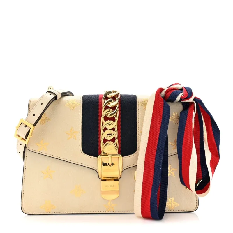 Gucci Textured Calfskin Bee Star Print Small Sylvie Shoulder Bag Mystic White (Pre- sold by Zulily