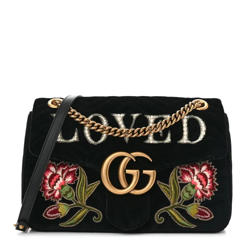 Gucci Velvet Matelasse Loved Embroidered Medium GG Marmont Shoulder Bag Black (Pre- sold by Zulily