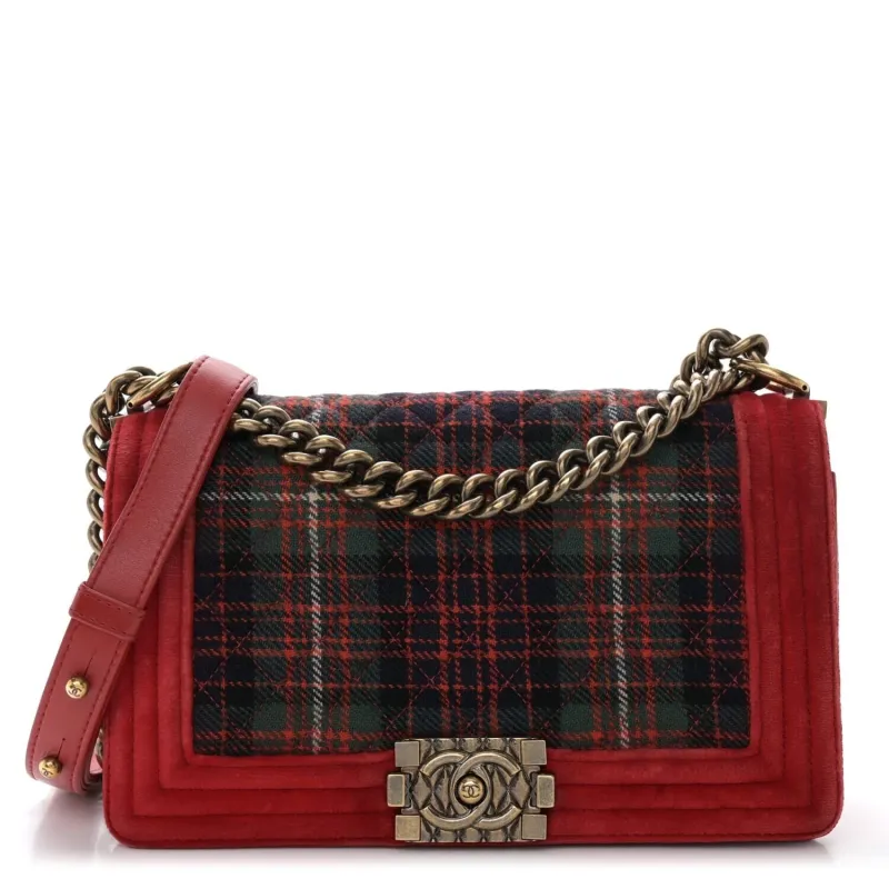 Chanel Velvet Plaid Tartan Quilted Medium Boy Flap Red (Pre-Owned) sold by Zulily
