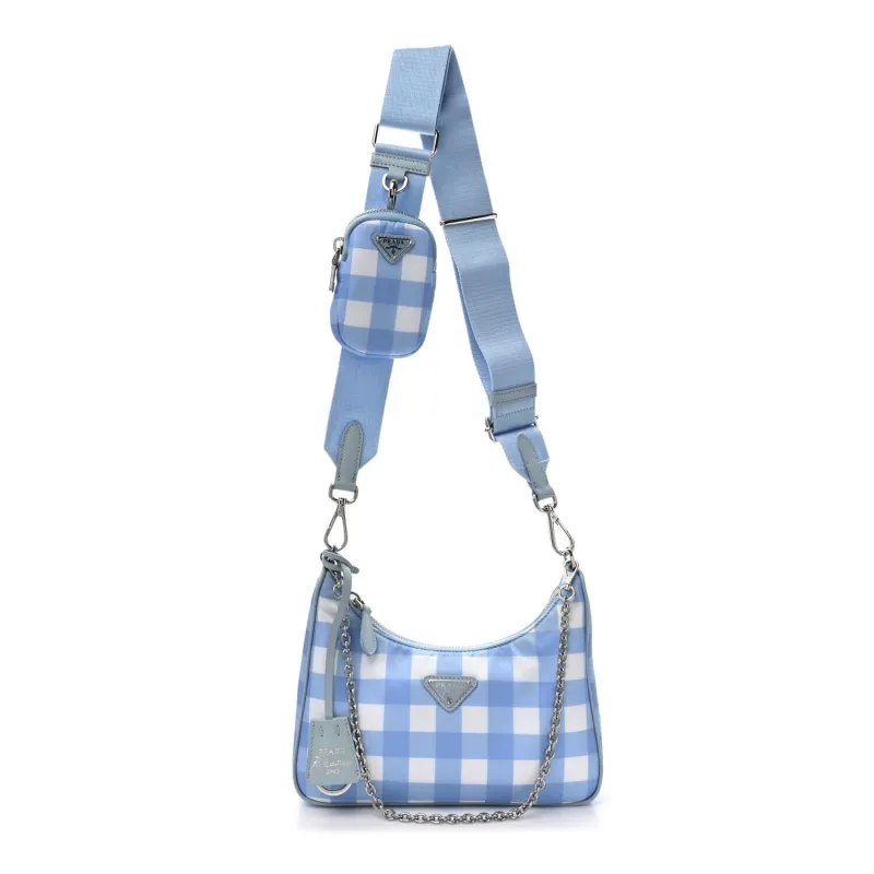 Prada Re-Nylon Saffiano Gingham Print Re-Edition 2005 Shoulder Bag Light Blue (Pre- sold by Zulily