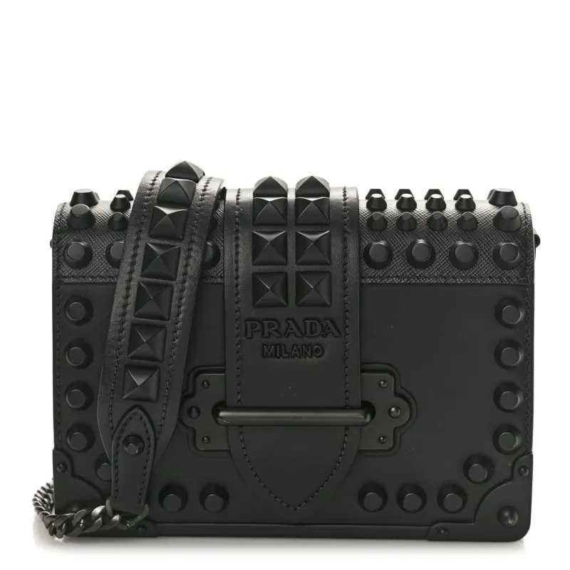 Prada City Calfskin Saffiano Studded Cahier Bag Black (Pre-Owned) sold by Zulily